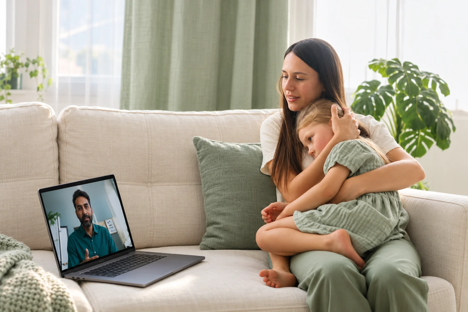 A parent and child connecting with a GP online from their living room